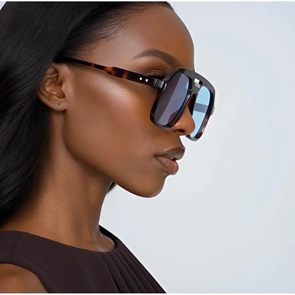 Women Tortoise Shell Elegant Fancy Sunglasses Blue Tint Lens Square Retro 70s 80
